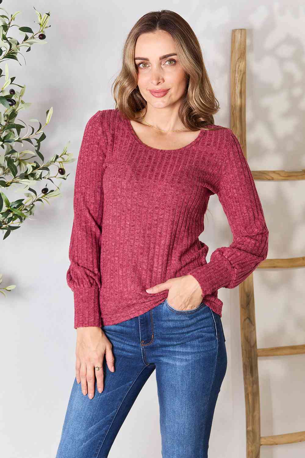 Double Take Ribbed Round Neck Lantern Sleeve Blouse