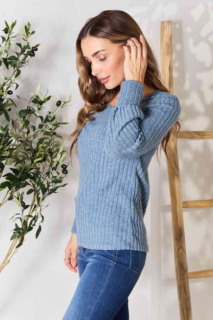 Double Take Ribbed Round Neck Lantern Sleeve Blouse