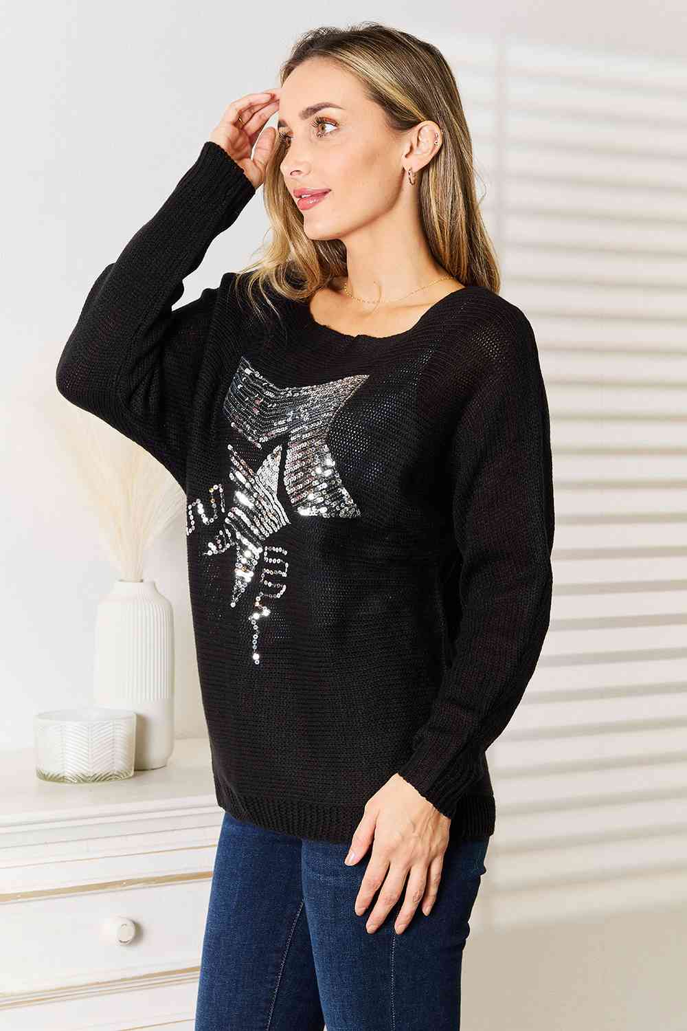 Double Take Sequin Graphic Dolman Sleeve Knit Top