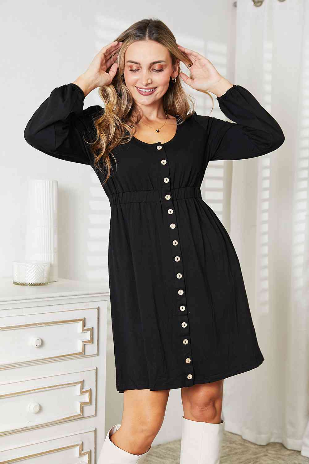 Double Take Scoop Neck Empire Waist Long Sleeve Magic Dress