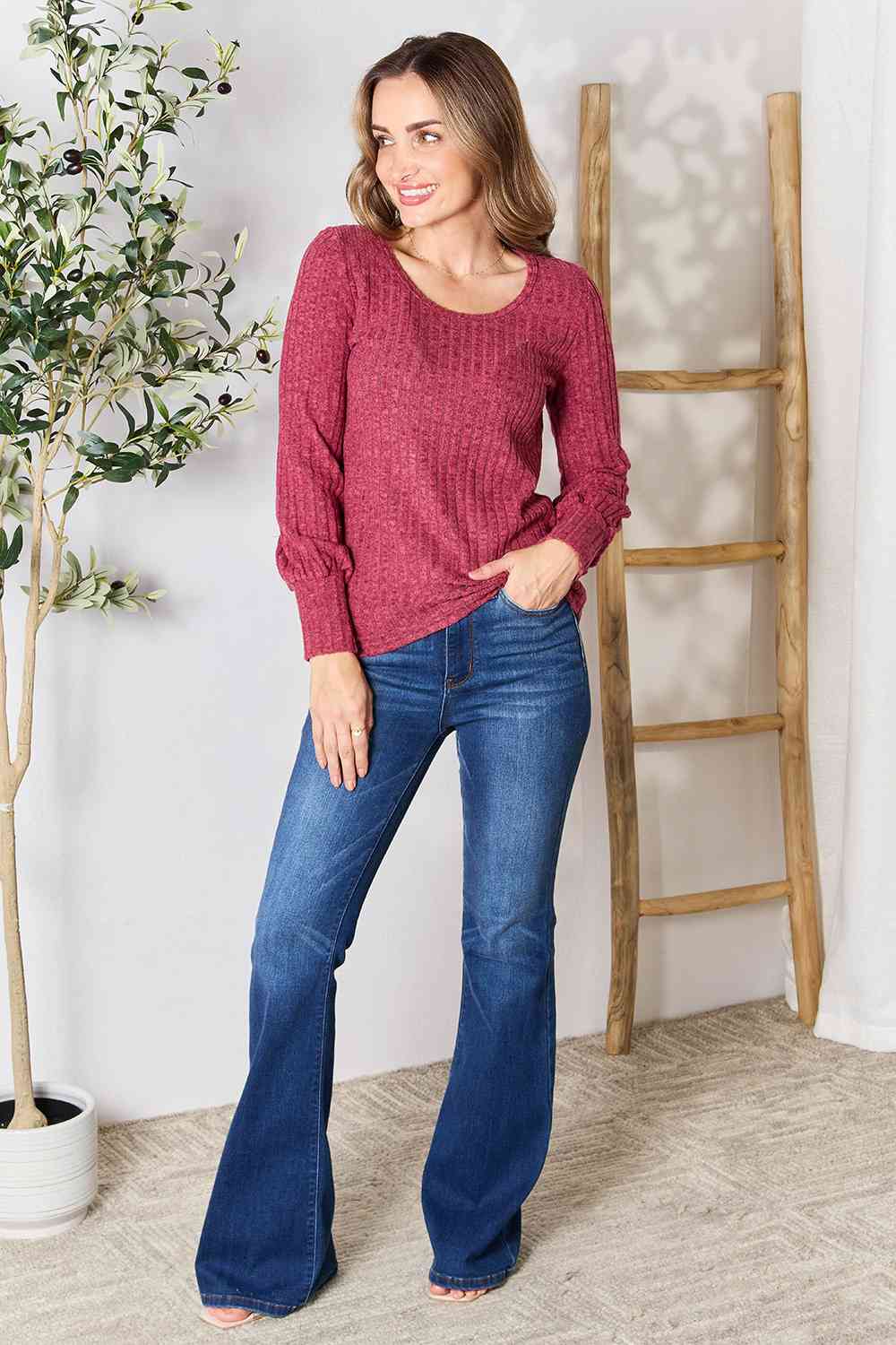 Double Take Ribbed Round Neck Lantern Sleeve Blouse